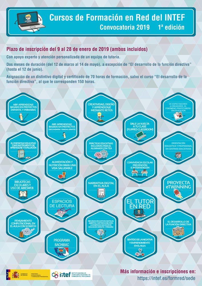 educaciongob's tweet photo. El Ministerio de Educación y Formación Profesional, a través del INTEF, convoca 11.620 plazas para la realización de cursos de formación en Red para el profesorado. El plazo de inscripción empieza finaliza el 28 de enero de 2019 ¡Infórmate! https://t.co/ONzRm8e0wr https://t.co/iqj6xL8P1j