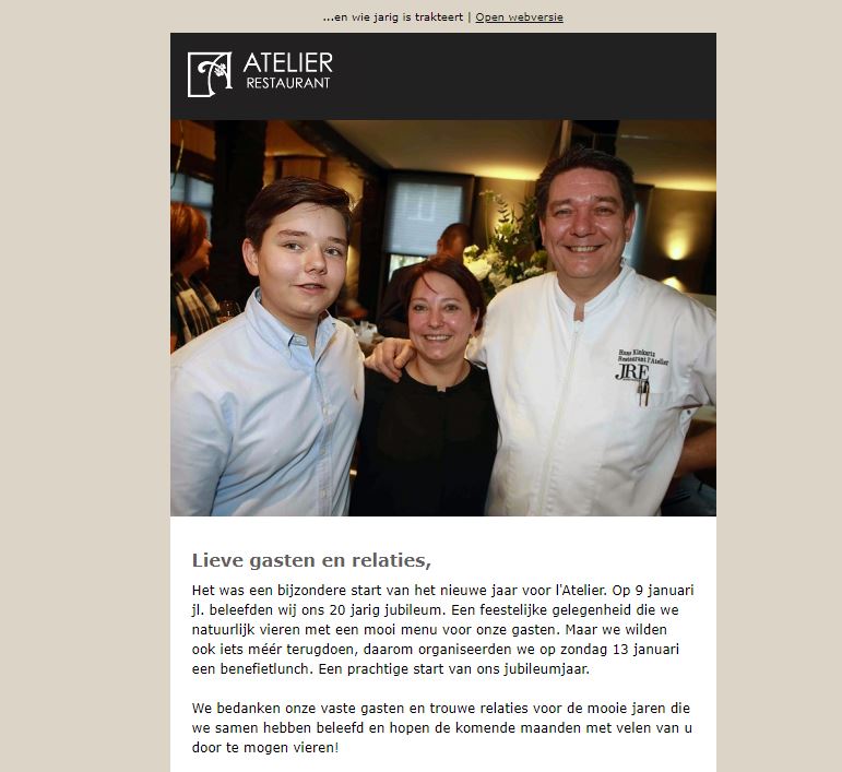 Op 09/01 vierden we dat Restaurant l'Atelier 20 jaar bestaat! En we gaan nog even door met vieren... Na een geslaagde benefietlunch, serveren we nog de hele maand januari en februari een mooi jubileumarrangement voor onze gasten. Check  onze nieuwsbrief; bit.ly/2Hi8mC5