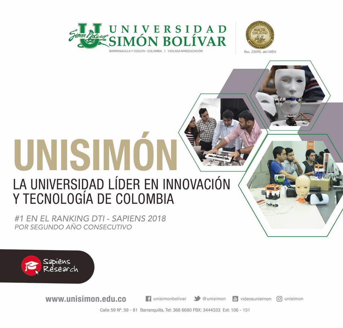 AlejandroChar's tweet photo. ¡Barranquilla es líder en ciencia, tecnología e innovación! #SacoPecho por nuestras instituciones universitarias.  
El ranking DTI-Sapiens 2019, que mide a las universidades en desarrollo tecnológico e innovación, fue encabezado por @unisimon por segundo año consecutivo. https://t.co/GipGRYnvkh