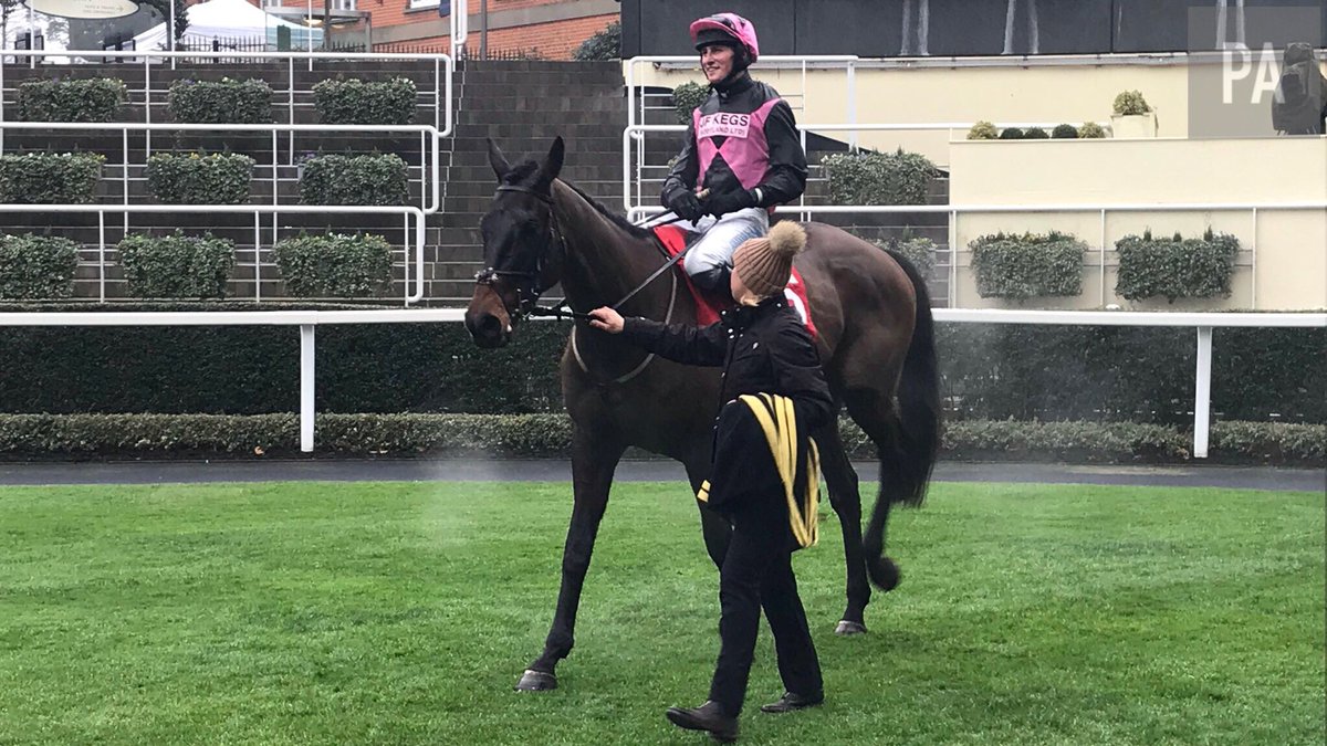 GrahamClark85's tweet photo. A delighted @ZBaker94 is walked back in after claiming his first @Ascot winner aboard the @NigelTwistonDav trained Blue Flight in the amateur riders’ handicap chase https://t.co/FD5jxVwahN
