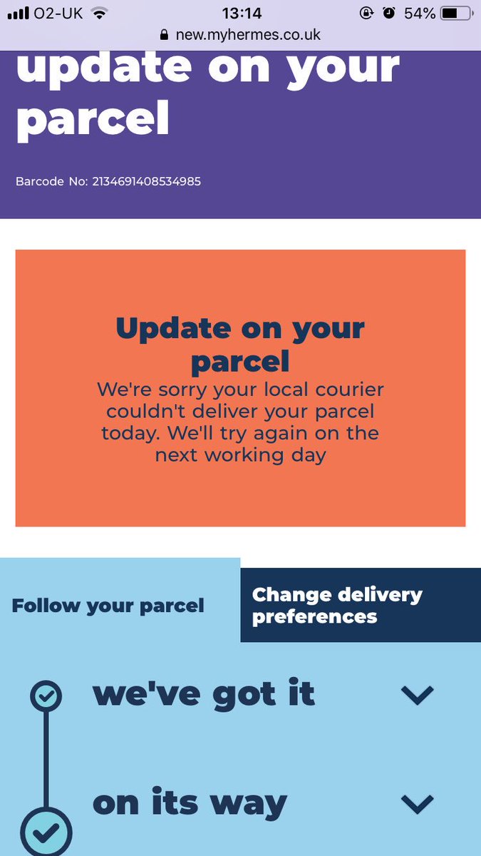 EventSara84's tweet photo. Just received this message from @Hermesparcels but I’ve been in all morning and no ones ‘tried’ to deliver! 😡 paid for next day delivery! SO ANNOYED!! https://t.co/dyf1oy8jDX