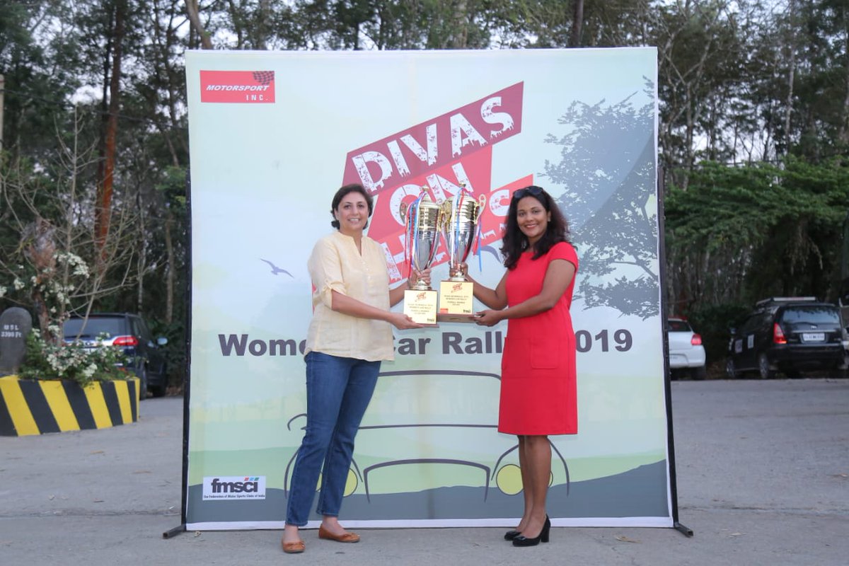 fmsci's tweet photo. Ashima Duggal and Amrita Shergill pose with the trophies after winning the second edition of the #DivasOnWheels all-women car rally, in Coorg on Saturday. #fmsci https://t.co/CFTs2d2QnH