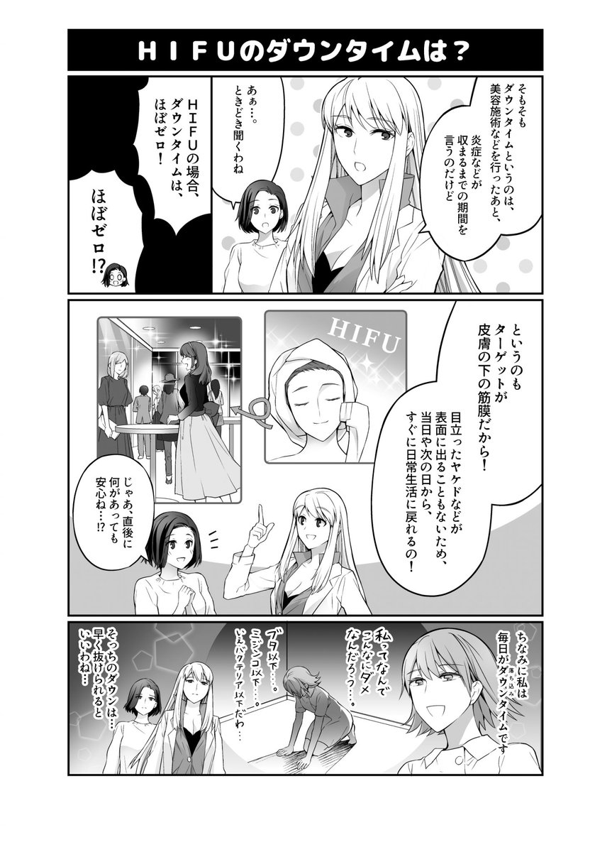 たるみを引きしめる「HIFU」の「ダウンタイム」についてのマンガです。
ちなみに精神的なダウンタイムの抜け方は、運動などで他のことに意識をそらしていくこととメンタルです。