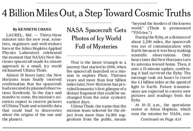 Spyder_Webb's tweet photo. Front page of The New York Times as it appeared on 2 January 2019
Front Page pdf:
https://t.co/UuPeLmersk
Online news story:
https://t.co/io9X0KtWWP
#UltimaFlyBy #UltimaThule #NewHorizons #AlanStern
@NASANewHorizons @NewHorizons2015 @AlanStern @nytimes https://t.co/zvb0xiN02C