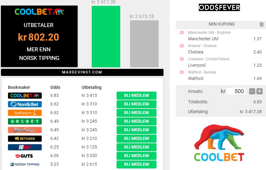 💰COOLBET-KONKURRANSE 💰

Hvilken av kampene på kupongen vil ha flest frispark? 

1. Svar og TAG en venn 
2. Følg <a href="/OddsFever/">OddsFever</a> og @CoolbetNorge 
3. De som retweeter kan vinne bonuspremie 🔁 

Vinneren får kr 500,- på sin spillekonto hos @CoolbetNorge