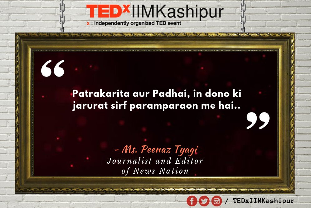 tedxiimkashipur's tweet photo. Patrakarita aur Padhai, in dono ki jarurat sirf paramparaon me hai..
- Peenaz Tyagi
@Peenaz_NN @NewsNationTV
#TEDxIIMKashipur #BeyondConformity #IIMKashipur #tedtalks #speaker #IIMKsp #IIM #journalist #defense https://t.co/RicE1WIqPq