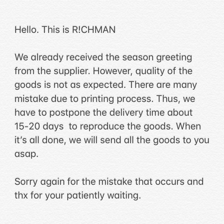 3hippos_'s tweet photo. #3hipposUpdate
R!CHMAN เลื่อนส่งไปอีก 15-20 วัน เนื่องจากคุณภาพของ goods ที่ได้จากโรงงานมาไม่เป็นไปตามที่คาดหวังไว้ งานพิมพ์มีตำหนิหลายจุด จึงจะสั่งผลิตใหม่ และจะจัดส่งให้เร็วที่สุดค่ะ https://t.co/JwMUs9xtis