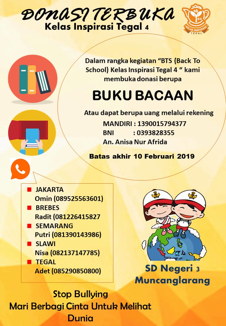 KI_Tegal's tweet photo. Selamat Sore kak.. 😊
Yang bulan Februari belum ada agenda, mau gabung di Back To School SDN Muncanglarang 3 Bumijawa loh..
Selain itu bisa ikutan open donasi buku bacaan buat adek-adek disana.. 😃 https://t.co/m6o7XYpAD3