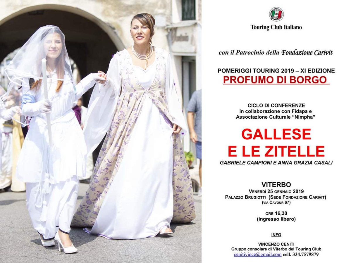Gallese e le Zitelle
-------------------------
Viterbo, Palazzo Brugiotti, 25 gennaio 2019
- Via Cavour 67, ore 16:30 -

#Gallese #Viterbo #GalleseEleZitelle #BorghiItaliani #Tradizione #Devozione <a href="/TouringClub/">TouringClubItaliano</a>