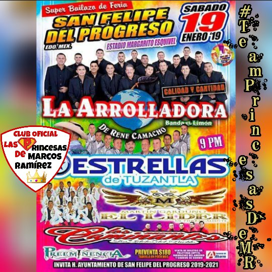 KarlaJim17's tweet photo. Hoy San Felipe del Progreso, Edo. Mex vibrará y gozará con todos los éxitos de la única e inigualable @Arrolladora 🍋 Ven y Se Parte del Tour Calidad y Cantidad 💃 Vive está gran experiencia ¡Prohibido Faltar! @marcos_abl 🐎 @PrincesasDMR @MIGUELCOBAS 
#TeamPrincesasDeMR 👑 https://t.co/BNWcgic2DL