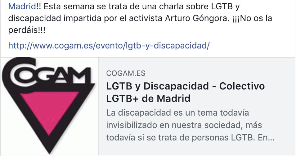 IsabelGilGarcia's tweet photo. #Reunión hoy a las 18h en la sede de @COGAM👭 una #charla sobre #LGTB y #discapacidad impartida por el activista @ArthurGongora y después #concierto de Alicia Vatra en @fulanitaenvivo #chueca https://t.co/P7dxQYMqww
