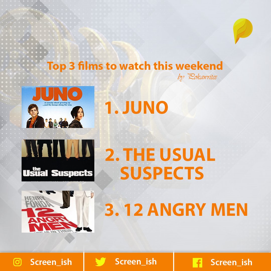 Screen_ish's tweet photo. TOP 3 FILMS YOU CAN WATCH THIS WEEKEND 
- Juno

- The Usual Suspects

- 12 Angry Men

Filmmakers/screenwriters should watch and study the screenplays of these films. 

#Weekend #Story #Topfilms https://t.co/1X00o2HXH3