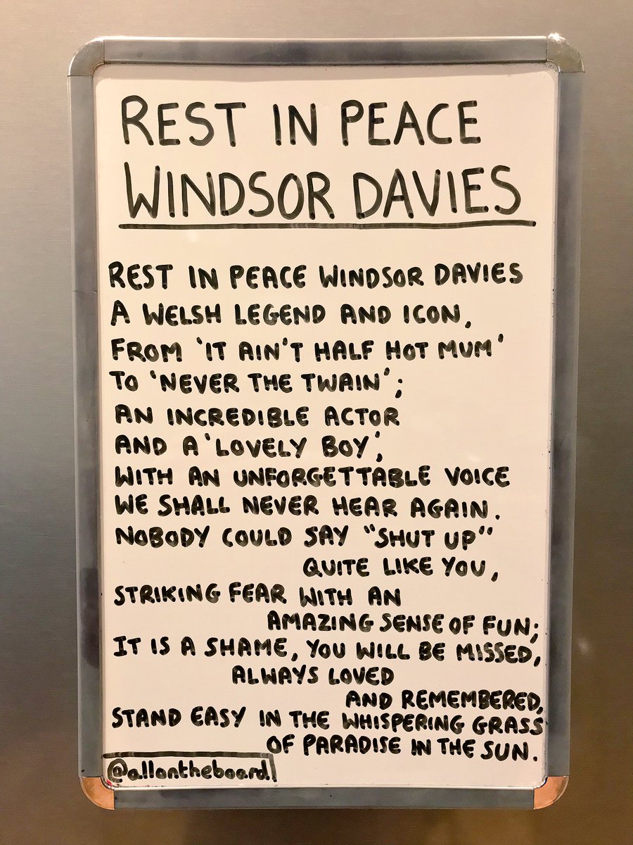 Rest In Peace #WindsorDavies An absolute legend. What an unforgettable voice as well. Thanks for all the memories. Thoughts and prayers to you family and friends. X @allontheboard #RestInPeace #ItAintHalfHotMum #NeverTheTwain #RIP #AVeryLovelyBoy #Legend #Comedy