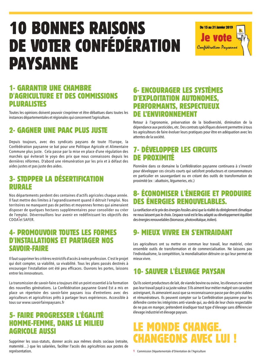 confgrandest's tweet photo. 10 bonnes raisons de voter CONFEDERATION PAYSANNE ! Les positions de la Conf' résumées en 10 points.
Elections chambre d'agriculture 2019
#confECA2019 #confgrandest https://t.co/ctElUmpwBp