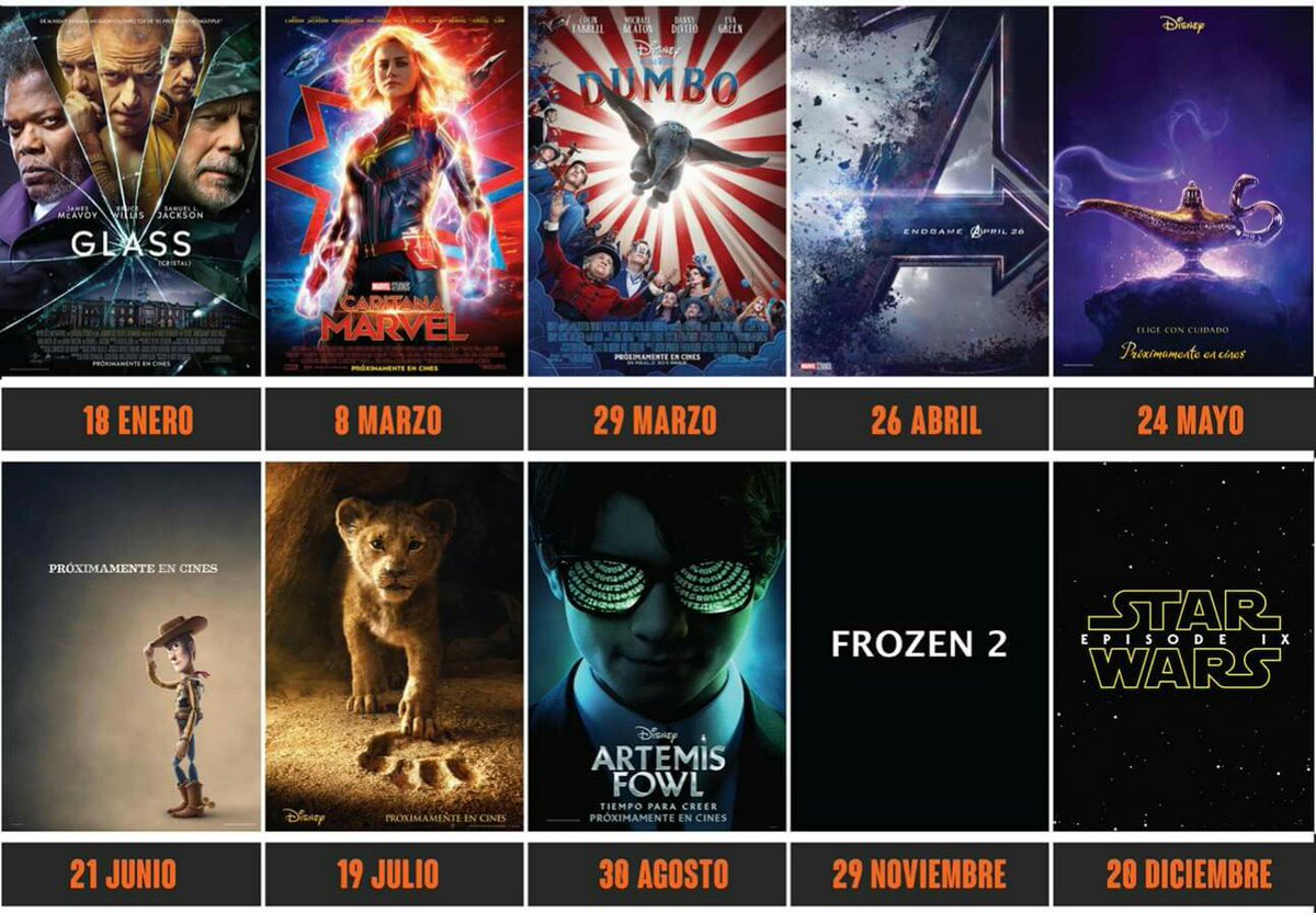 🗓️El calendario de #Disney para 2019 💰💵💰
#Glass #CaptainMarvel #Dumbo #AvengersEndGame #Aladdin #ToyStory4 #ElReyLeon🦁 #ArtemisFowl #Frozen2❄️ #StarWarsEpisodeIX