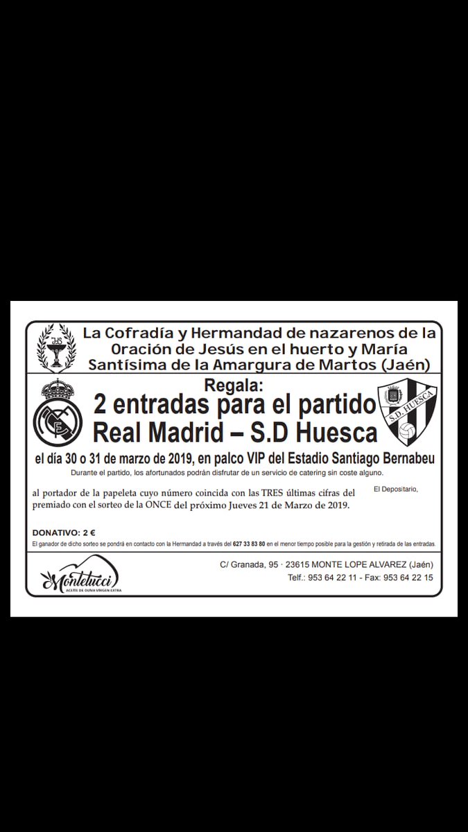 OracionAmargura's tweet image. Os informamos que va a realizar un sorteo de una entrada doble en Palco VIP Privado con servicio de catering en el estadio Santiago Bernabéu para el encuentro que se disputará el día 30 o 31 de Marzo entre el Real Madrid y S.D.Huesca .
El precio de la papeleta son 2€. Colabora!
