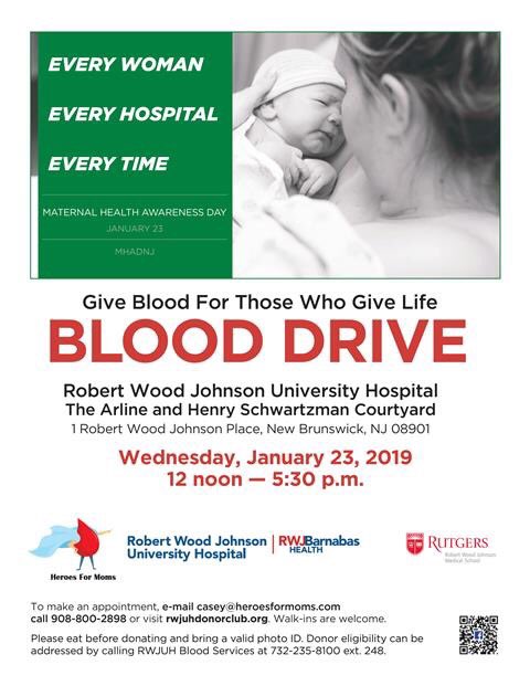 heroesformoms's tweet photo. Maternal Health Awareness Day in #NewJersey is on Wednesday! @RWJUH and Heroes for Moms will hold a blood drive in #NewBrunswick. Give blood for moms and others who need blood! #123forMoms #mhad19 #maternalhealth #heroesformoms https://t.co/T0YJkv3KI9
