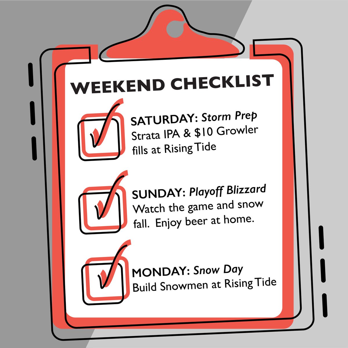 We will be CLOSED SUNDAY for #snowmageddon. Stock up on cans and $10 playoff growlers today! Then come join the snowman comp on Monday!