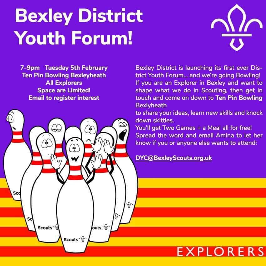GLSECYC's tweet photo. Calling all Explorers in Bexley District!
The first District Youth Forum will be taking place on Tuesday 5th February. If you would like to take part make sure you contact Amina via DYC@bexleyscouts.org.uk 

@BexleyScouts @GLSE_Scouts @DYCBexley https://t.co/lzOHNK1Z82