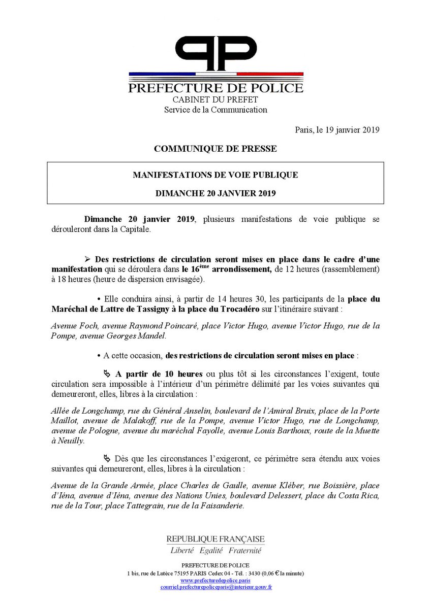 #circulation : demain dimanche 20 janvier, à l’occasion de plusieurs événements de voie publique à #Paris, des restrictions de circulation seront mises en place. @prefpolice conseille aux automobilistes de contourner largement les zones concernées.