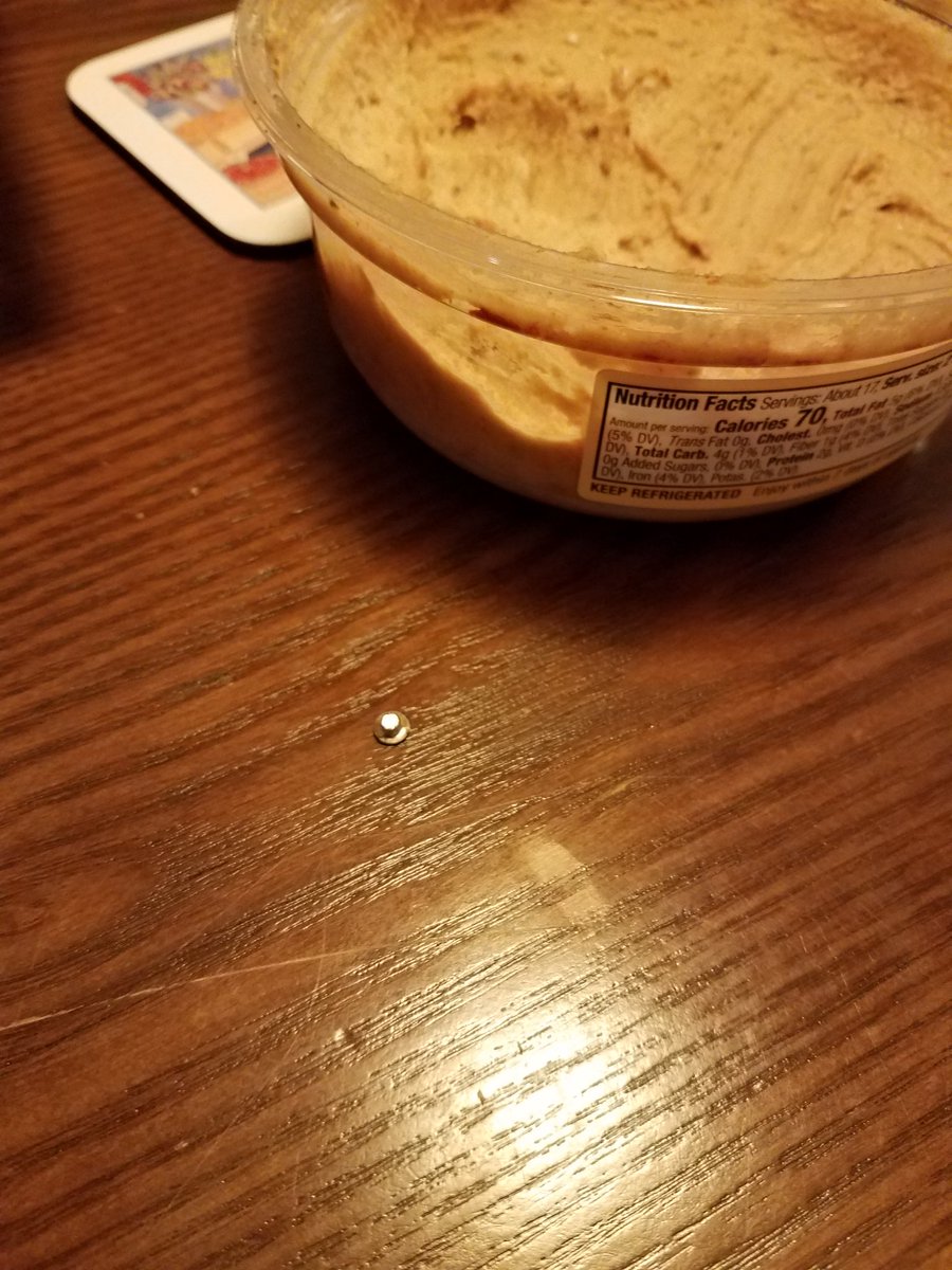 pwayerle's tweet photo. @Sabra  so I bit into a piece of a screw from your hummus. Maybe we could work out a deal and the hummus police won't have to hear about this.....you have 24 hours https://t.co/EvKoIM7II3