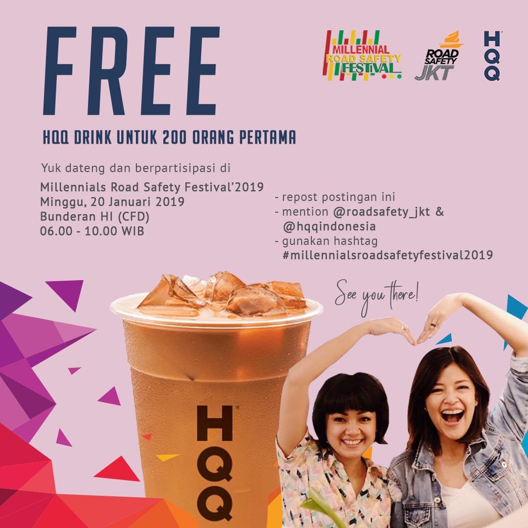Yg jelas besok di CFD, HQQ akan seseruan bareng di #millenialsroadsafetyfestival2019 .
200 orang pertama yg RT tweet ini &amp; tunjukin ke crew HQQ lgs dpt #ThaiTeaHQQ 🙌🏼