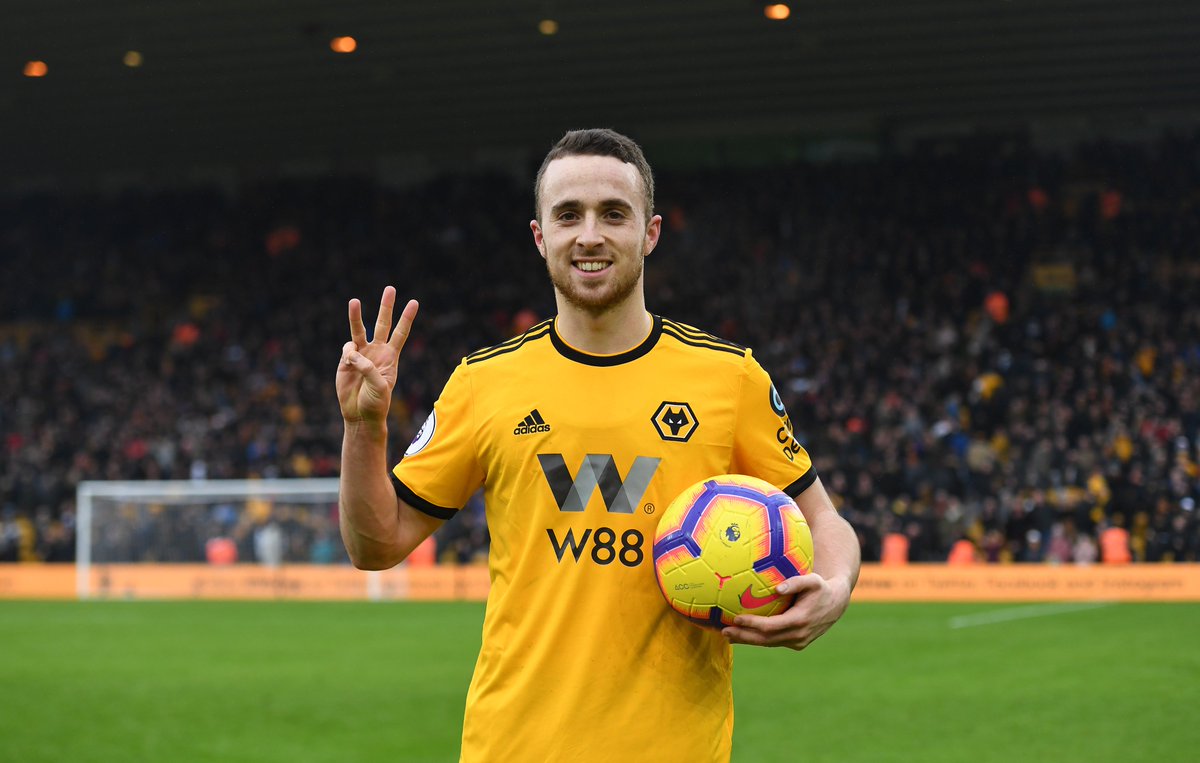 Diogo Jota, tras marcar su hattrick con el Wolverhampton.