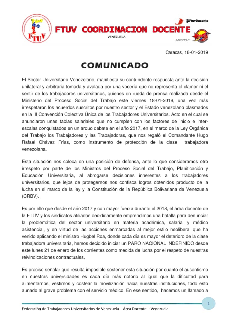 FtuvDocente's tweet image. COMUNICADO DE LA @FtuvDocente 

#21EParoUniversitarioIndefinido
#21EParoUniversitarioIndefinido
#21EParoUniversitarioIndefinido
#21EParoUniversitarioIndefinido
#21EParoUniversitarioIndefinido
@NicolasMaduro
@hugbelpsuv 
@Mppeuct 
@MPPPSTVe