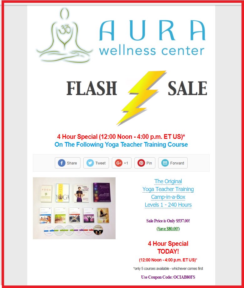 Aura Wellness Center: 
Flash Sale on The Original Yoga Teacher Training Camp-in-a-Box Levels 1 - 240 Hours. Use Coupon Code: OCIAB80FS (Save $80.00) Here is the Course: bit.ly/flash-sale-on-…
#FlashSale #YogaTeacherTraining #YogaTraining #YogaTeacher #YogaCourse #yoga
