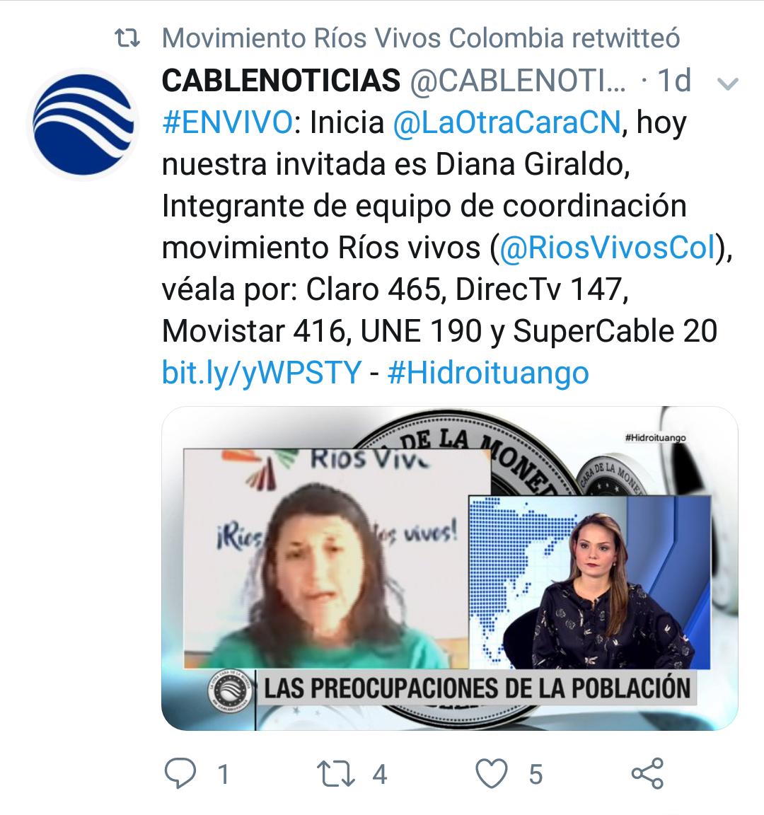 RiosVivosColom's tweet photo. Señores @CABLENOTICIAS @LaOtraCaraCN Diana Giraldo no nos representa No hace parte del Movimiento #Antioquia No vive ni es del territorio No hace parte de la Coordinación Tampoco nos representa la cuenta @RiosVivosCol Alertamos que intentan suplantar nuestro proceso organizativo https://t.co/hqJIC7Yw5t