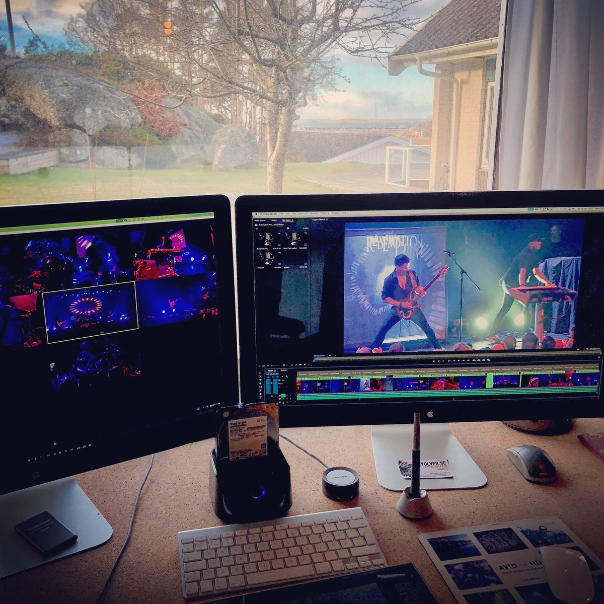 Set up to edit the @redemptionmetal concert that we filmed in Atlanta @progpowerusa 🎬🤘🎥 Thanks to everyone that made this possible!!! #redemption #rEvolverfilm #patricullaeus #concertfilm #ilovemyjob #myhomestudio #premierepro #apple #wacom #deltaco #toshiba #production