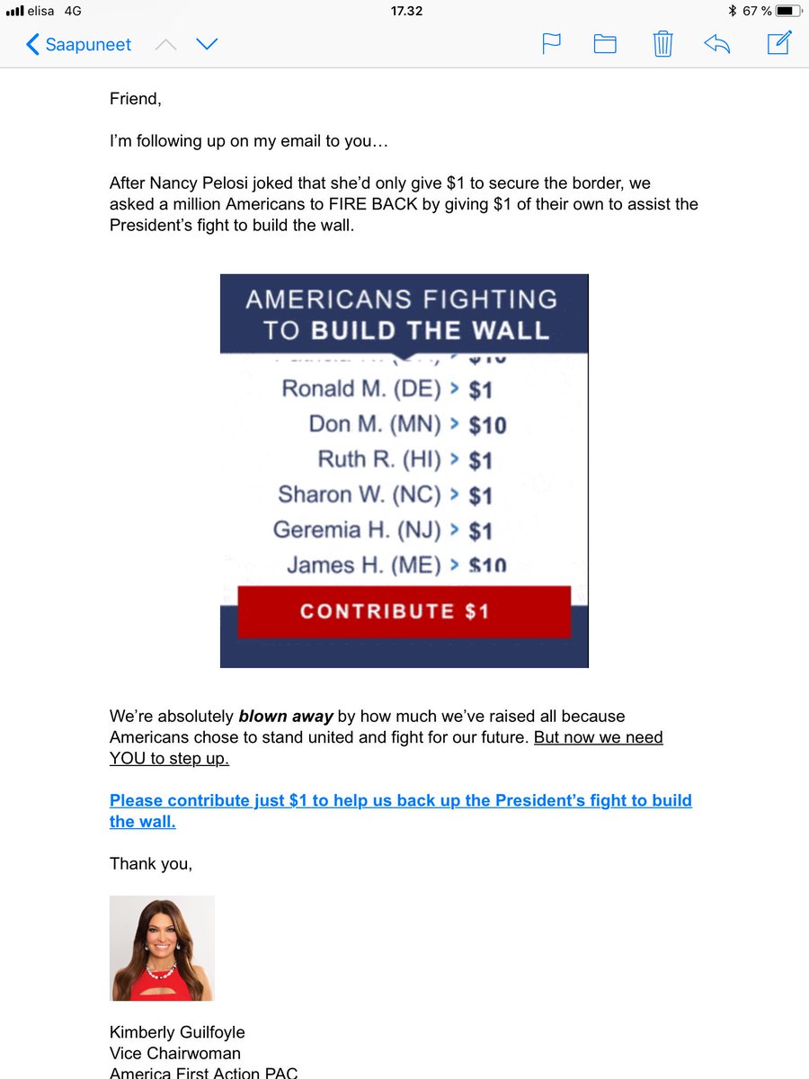 No niin. #Trump &amp; co ei olekaan lähettänyt postia sitten vaalivaalikampanjan. Nyt pitäisi lahjoittaa 1$ muurin rakentamiseen, kuten kaikki muutkin (etunimeillä esiintyvät) tukijat ovat tehneet. Kirjeiden kaava entisellään, vain paha Hillary vaihtunut Nancy Pelosiin. #americafirst