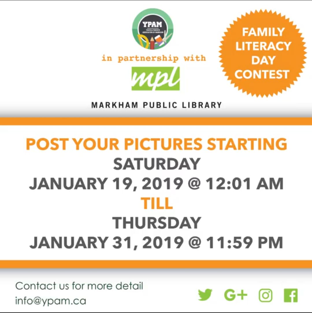 It starts today. 

Win   Win   Win   Win   Win..

Youth and Parents Association of Markham is teaming up with the Markham Public Library to bring Awareness on Literacy.

#familyliteracy #ypam #markhampubliclibrary #2019 #yrdsb #tdsb #literacyawareness #prize #letsdothis