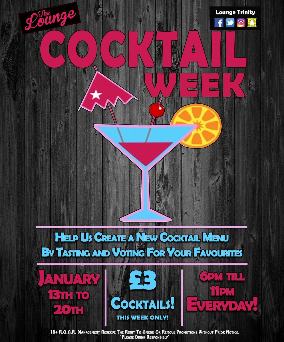 LoungeTrinity's tweet photo. Cocktails are still only £3, karaoke is on tomorrow and its not raining. Many reasons to be happy!?!
#CocktailWeek #TomorrowIsKaraoke #BitColdThough https://t.co/6aGd2sQqZJ