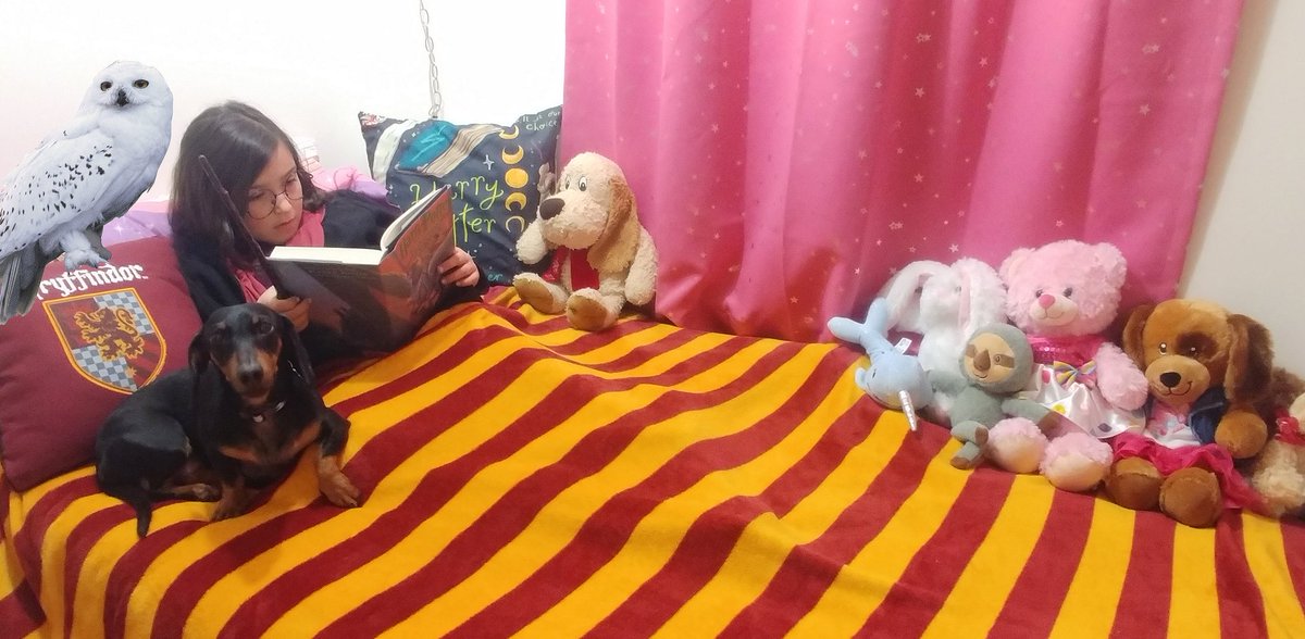 Bouvs's tweet photo. Reading Harry Potter and the Prisoner of Azkaban with her friends. (Daddy may have had too much fun with Photoshop!) #AACPSreadwithme @POESAACPS https://t.co/7czhJqSDLb