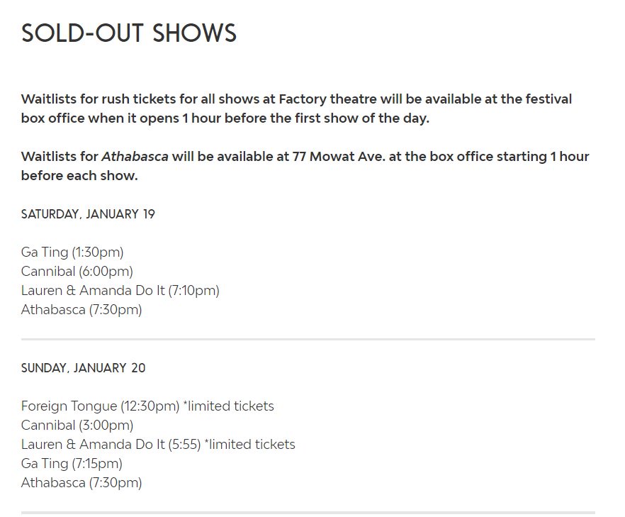 Lots of shows already sold-out for this final weekend of <a href="/Toronto_Fringe/">Toronto Fringe</a> #NSTF at <a href="/FactoryToronto/">Factory Theatre</a>, but with weather may be cancellations &amp; rush. Also 2 terrific Mainspace shows A BEAR AWAKE IN WINTER and STRANGE &amp; UNUSUAL still have a few tix, so book now!
fringetoronto.com/next-stage/sch…