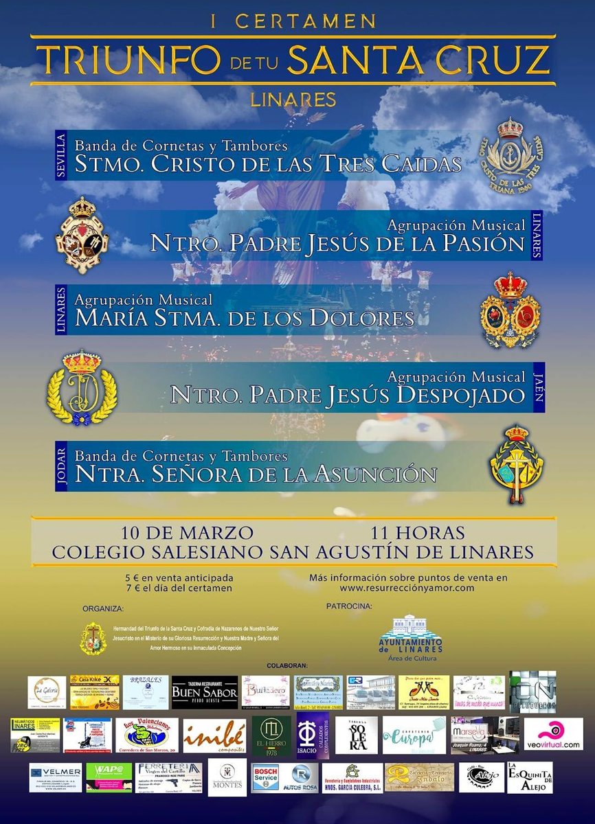 📅 Próximas actuaciones:

3 Feb: VI Concierto "Sones de Pasión", de la <a href="/hdadstagenoveva/">Santa Genoveva</a> (Sevilla)

9 Feb: II Salón Cofrade - Bujalance (Córdoba)

17 Feb: Concierto "Unidos Sevilla"

10 Mar: I Certamen "Triunfo de tu Santa Cruz" - <a href="/HdadResurrecion/">Resurrección y Amor</a> (Linares)

#PasiónDeLinares