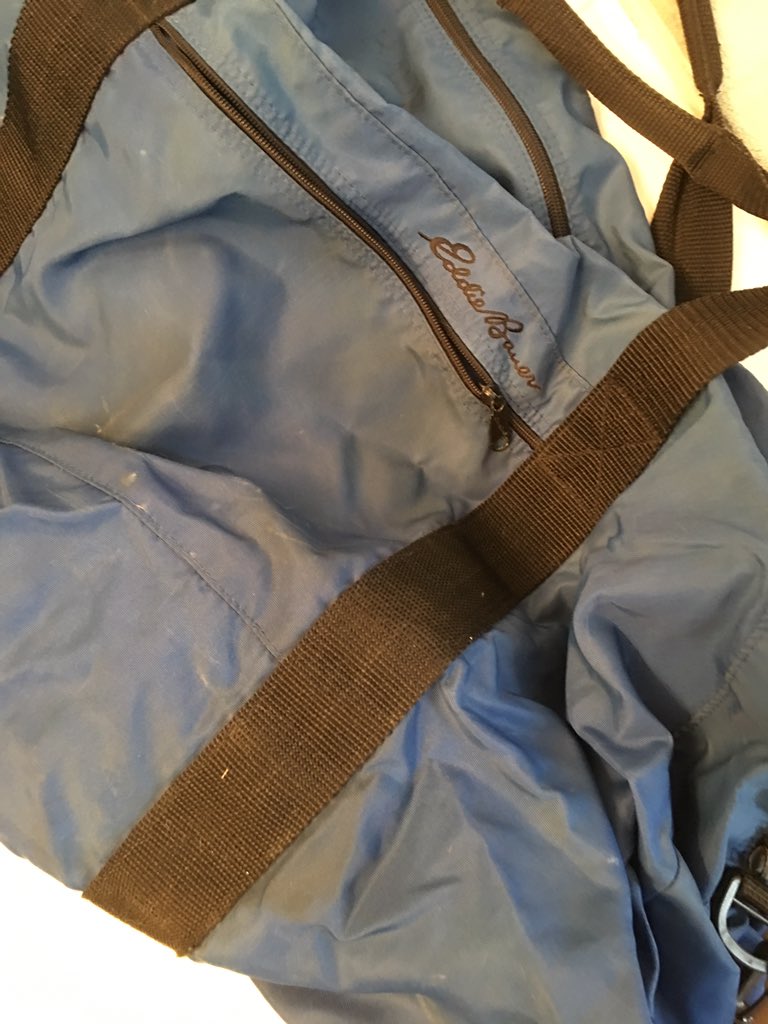 SandyBaur's tweet photo. @eddiebauer My sister bought me this amazing duffel bag for my high school graduation in 1987! It’s been through a lot with me over the years and it’s got a few holes, so it’s time to throw it out. I just wanted to say thanks for making such a quality product! #OldestThingIOwn https://t.co/Tgt6JtjWEm