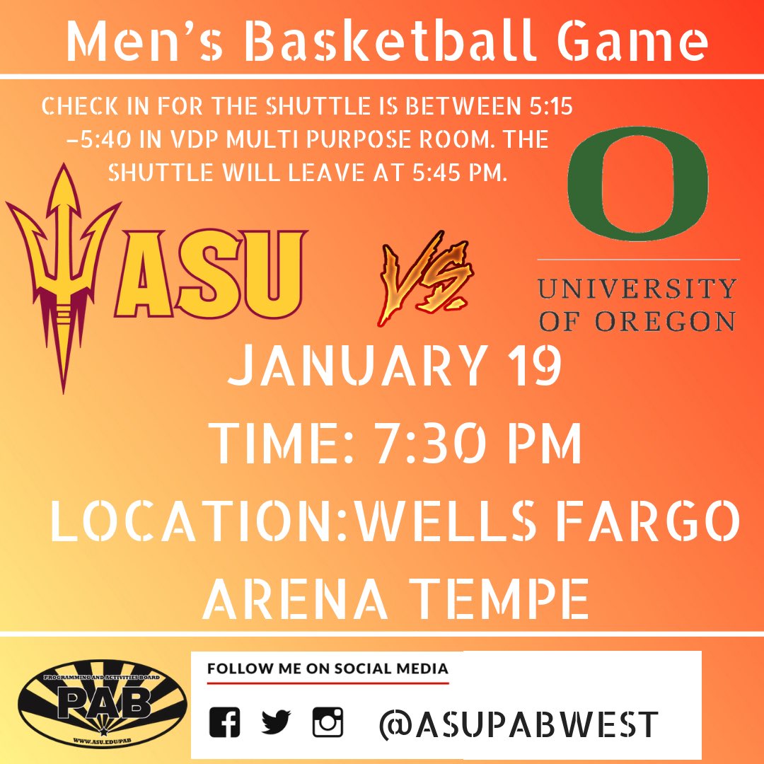 Come out to the game this Saturday ASU Sundevils will play University of Oregon at the Wells Fargo Arena 7:30 PM!! WHITE OUT
#rp #asutempe #asuwest #asuevent #Basketball #backtoschool #asu #sundevil #pab #music #festival #comingsoon #staytuned #ballsohard #asuwest #asupab