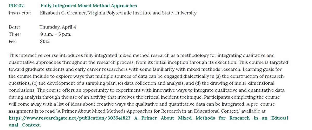 WORKSHOP: Registration for the #aera19 <a href="/AERA_EdResearch/">AERA</a> Annual Meeting in Toronto, and the Professional Development and Training courses offered at the meeting, is now available. Only one #mixedmethods workshop given by Dr. Elizabeth Creamer <a href="/mixedmthdrsrch/">Elizabeth G. Creamer</a> consider attending!