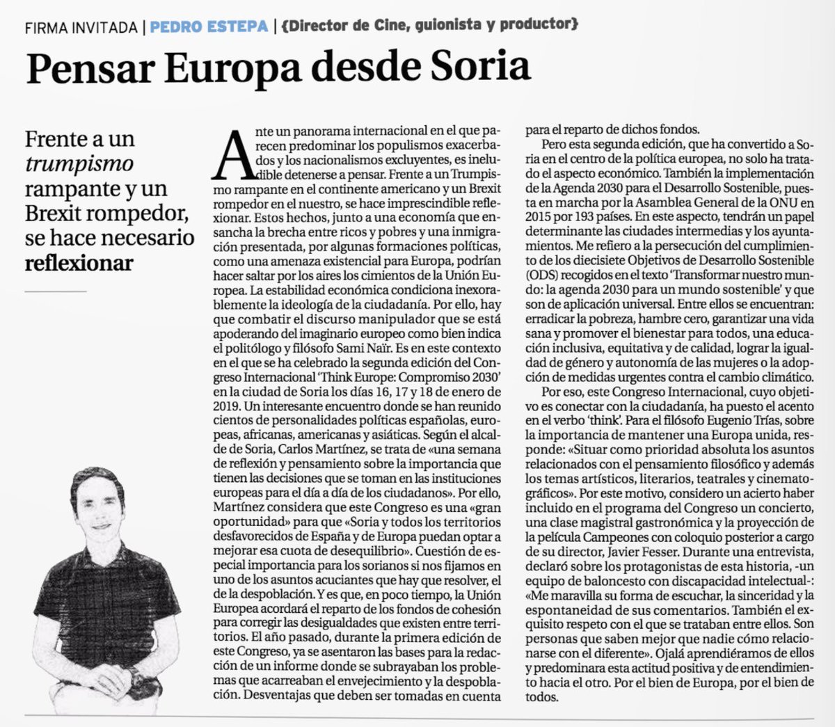 ✒️"Pensar Europa desde Soria": una reflexión sobre la UE, Soria como centro de la política europea, la despoblación y la película "Campeones" de @fesserjavier. Lo escribo en <a href="/ElDiaDeSoria/">El Día de Soria</a>. #ThinkEurope #Agenda2030 <a href="/fempcomunica/">FEMP</a> <a href="/UCLG_Saiz/">Emilia Saiz</a>