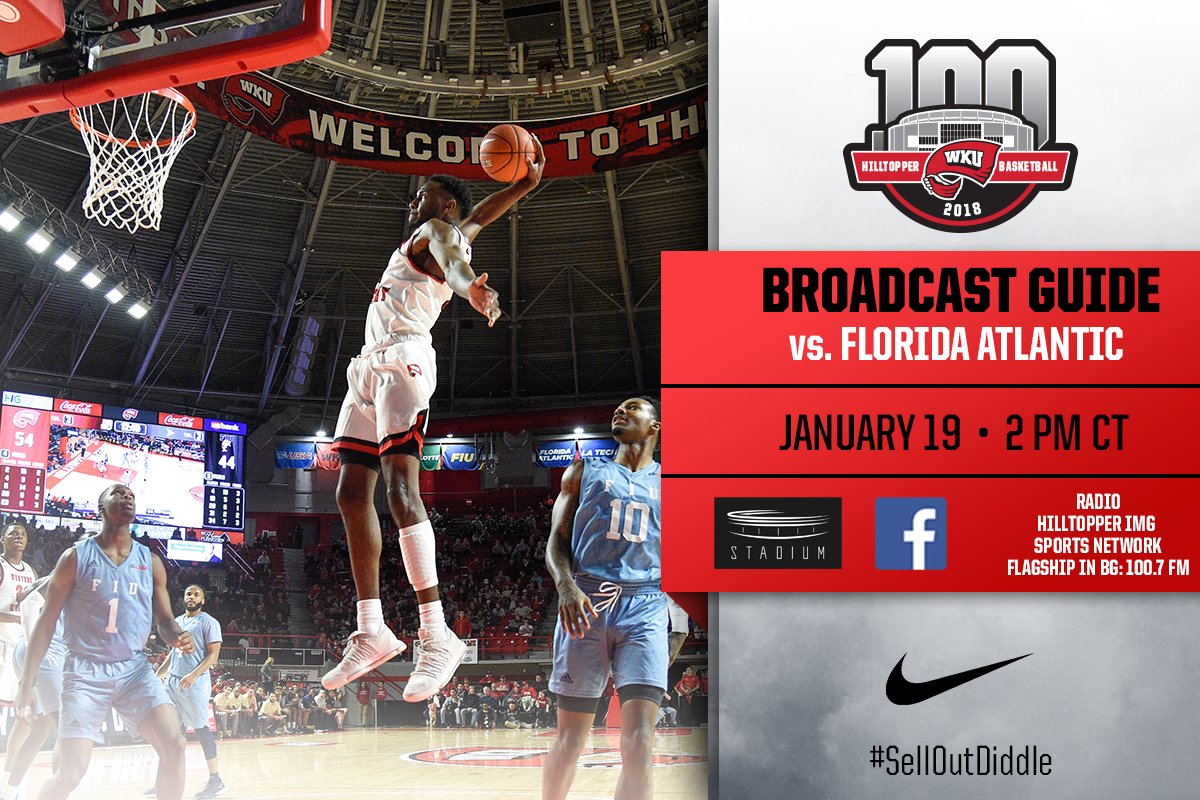 WKUBasketball's tweet photo. We're one hour from tip-off against Florida Atlantic! You can listen to the game on the Hilltopper IMG Sports Network or watch live via @WatchStadium on Facebook at the following link: https://t.co/8H5wilgGGZ
#GoTops | #SoldOutDiddle https://t.co/IGihUqamC2