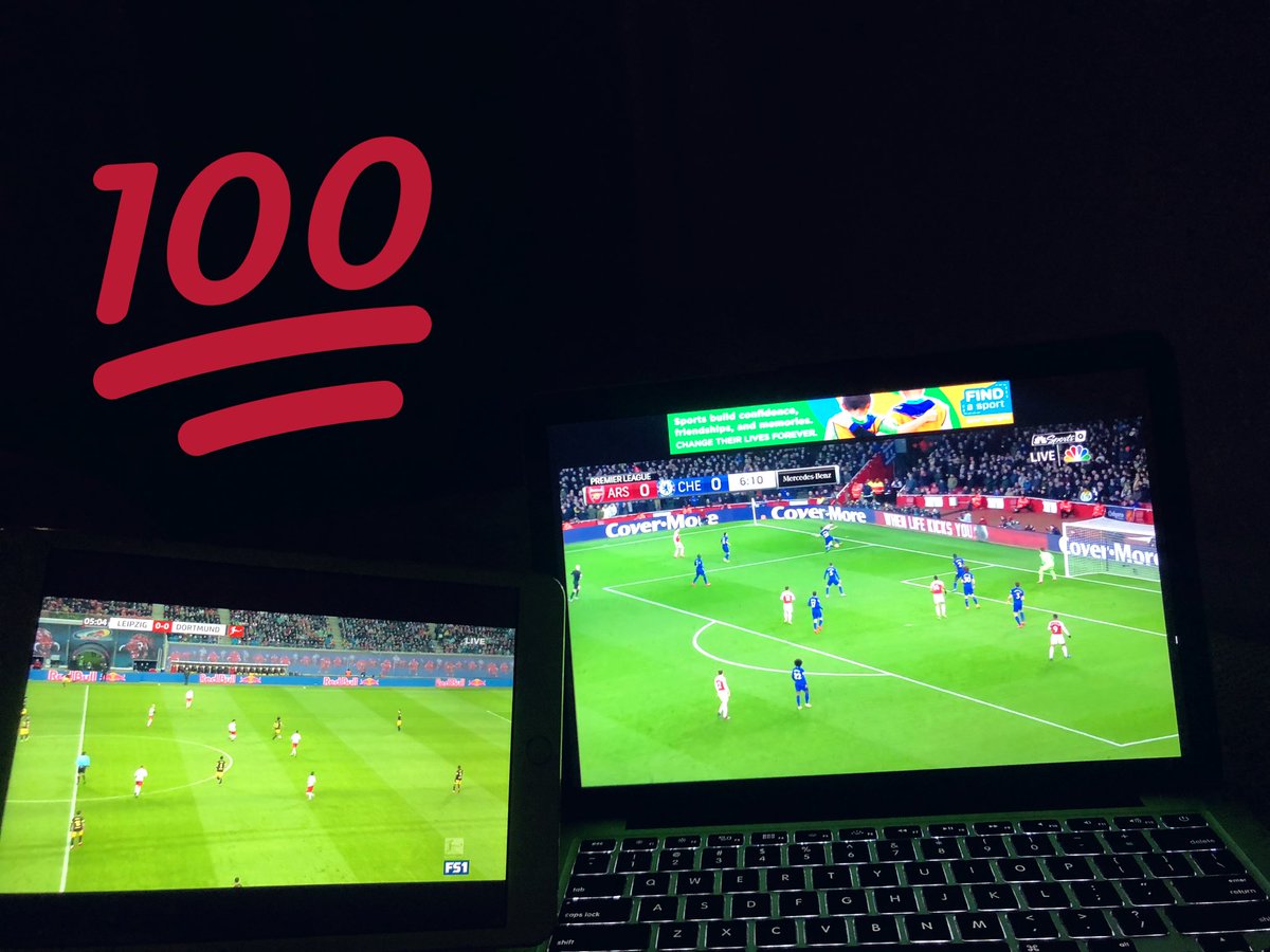 ScottSandalow's tweet photo. Is there anything better than the #TwoScreen ⚽️ setup in bed? No, no there’s not. 🙌

#ARSCHE 
#RBLBVB https://t.co/8LZ5qNifuT