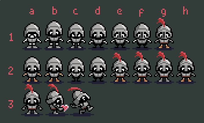 mysterycoconut's tweet photo. After quite a few tries, I think the guy in row 3 is looking pretty good #ReQuestGame #indiegamedev #pixelart #ScreenshotSaturday https://t.co/Z3uRbiBzdY