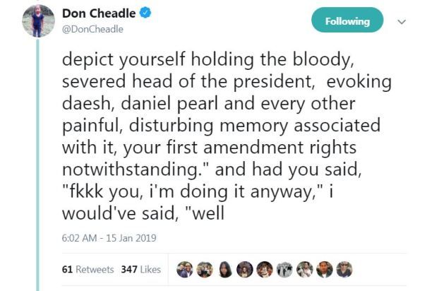 NexxtMediaGuide's tweet photo. Don Cheadle &amp; Kathy Griffin In Twitter Beef Over His Not Defending Her After Severed Trump Head Flap – In 2017 https://t.co/Ga0TbUmior https://t.co/3wGBNXE98f