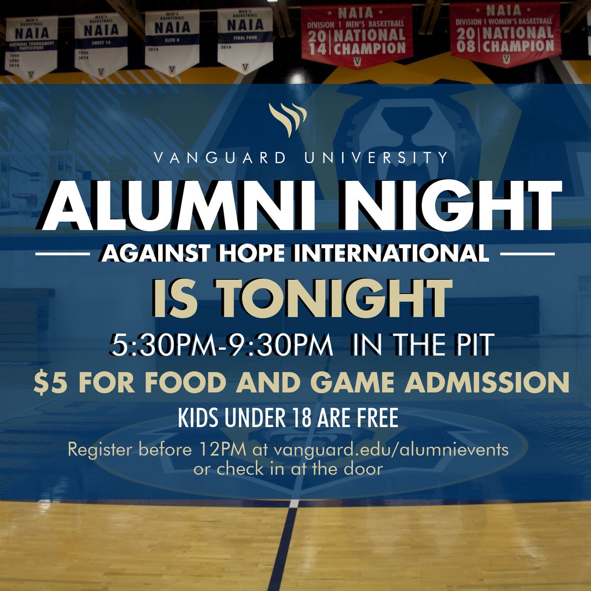 VanguardAlumni's tweet photo. TONIGHT
Come out and support your VU Lions as they battle it out against Hope International.  https://t.co/K4D0fyUQgY https://t.co/V1FK9GvJ9r