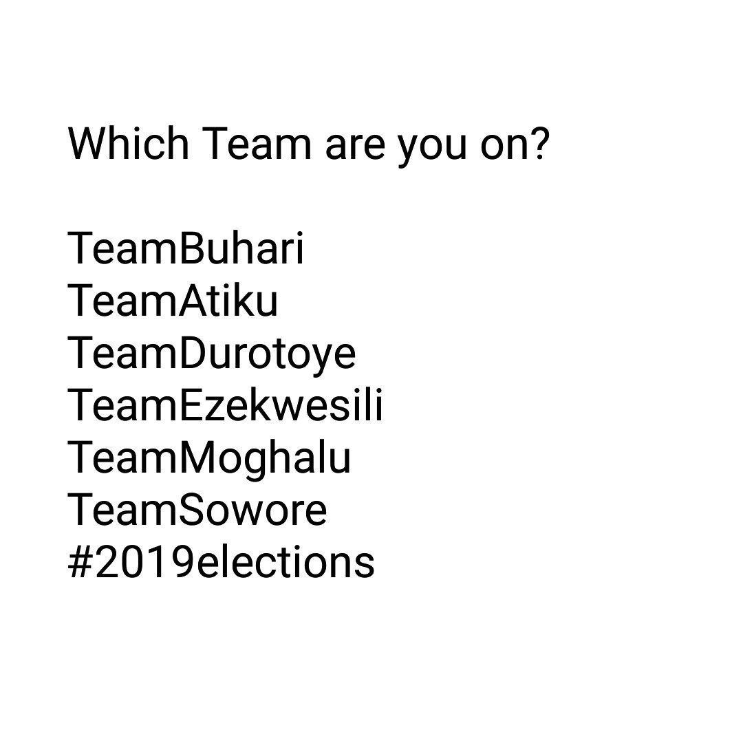 TweetNaijaBlog1's tweet photo. Who is your Candidate?
#2019Debate #2019Elections 

#TeamBuhari #TeamAtiku
#TeamDurotoye #TeamEzekwesili #TeamMoghalu 

The most intriguing debate about to go Live. #PresidentialDebate
#Presidentialdebate2019

Follow @TweetNaijaBlog1 
#TNB #TweetNaijaBlog https://t.co/ADgr42Wjo2
