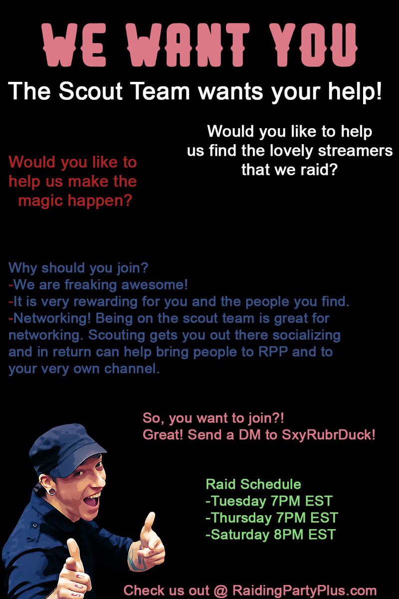 Duckrubber16's tweet photo. Not only does RPP want your help as a raider were also looking for scouts for our scout team to help us find raiders for raid nights! #RPP #raidingpartyplus #smallstreamers #SmallStreamerCommunity #SupportSmallerStreamers #twitch #twitchstreamer #payitforward #SpreadLove https://t.co/RbZEa4YbPS