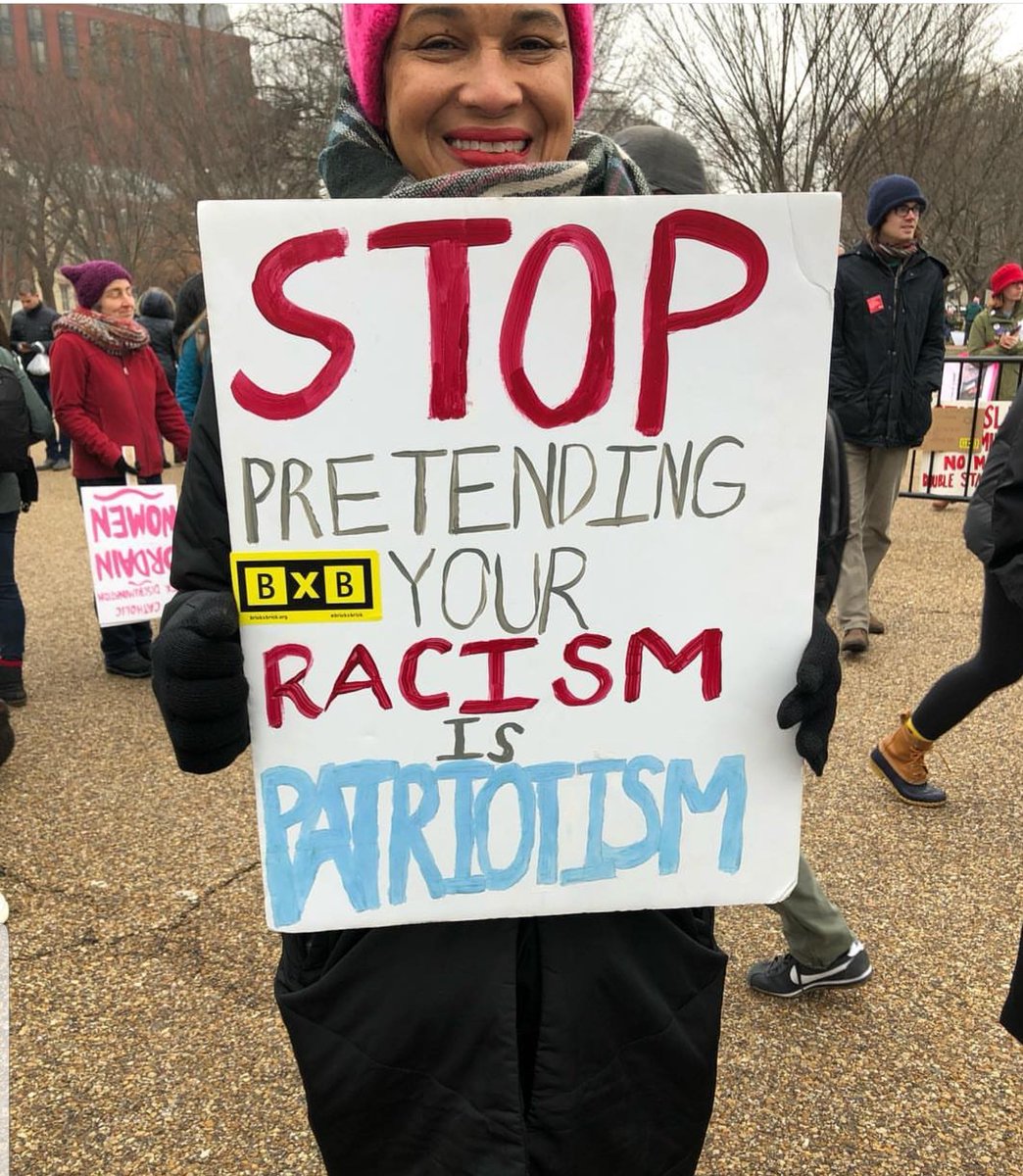 'Stop pretending your racism is patriotism.' This sign from today's #WomensMarch2019 is how I feel when individual-1 talks about the wall.