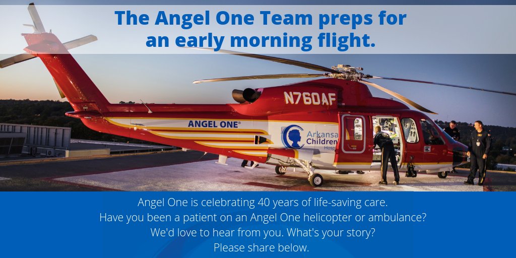 archildrens's tweet photo. When you see Angel One flying above or hear the sirens from the ambulance, you know life-saving care is taking place. Families in AR know in the event of an emergency, your child is minutes away from pediatric experts at @archildrens. #Championsforchildren #AngelOne40years https://t.co/8YEjYbTPoQ